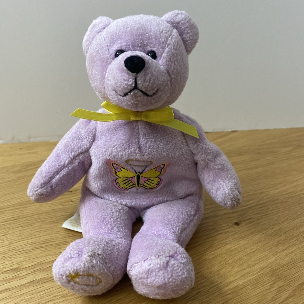 Holy Bears Eternity Purple‎ Bear Yellow Butterfly 2000 Plush Beanie Teddy 9"